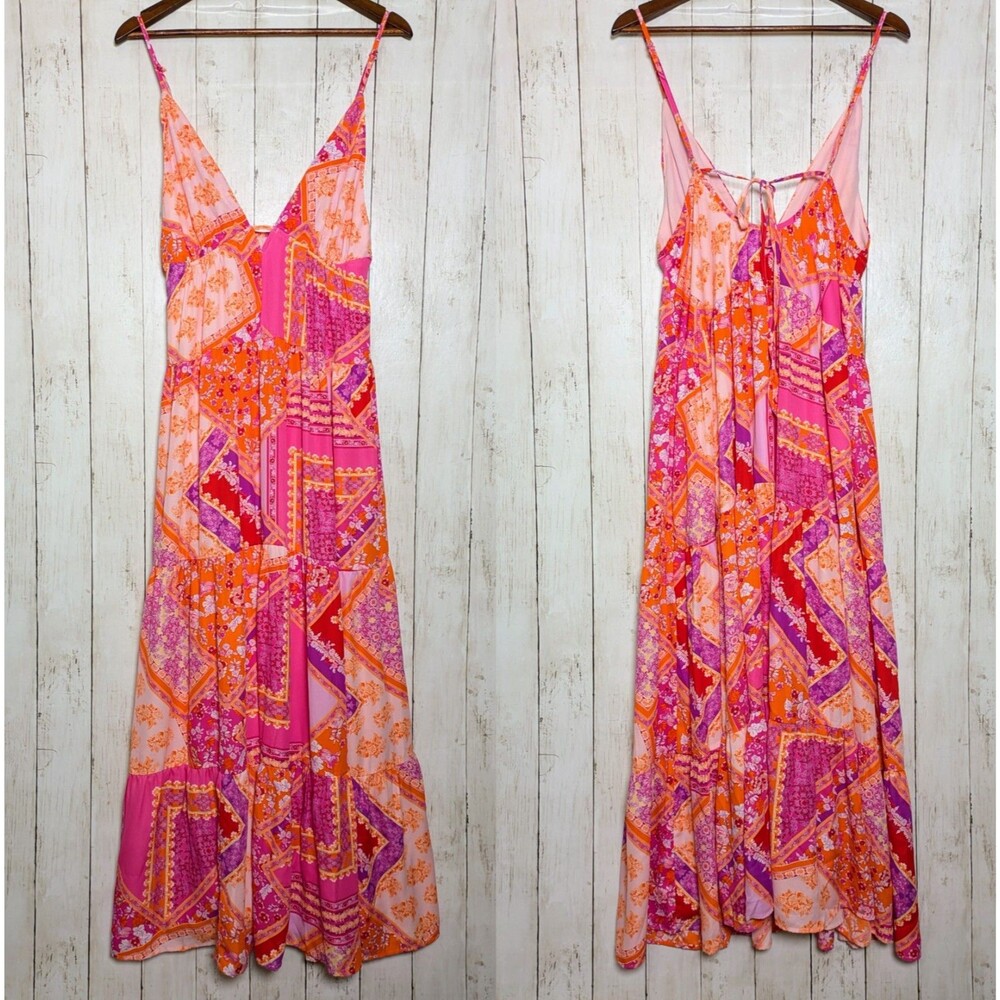 Patchwork Boho Maxi Dress Size Med NWT VICI Pink Orange Floral Summer Vacation